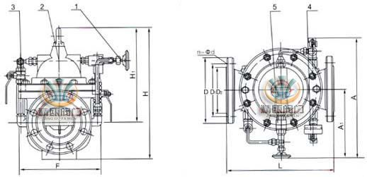 300X缓闭止回阀 外形结构图 (1、针阀2、主阀3、球阀4、压力表5、单向阀）